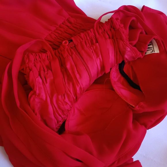 Tim's Paris 90s Red Formal Sheer Holiday Party Rhinestones Flowers Dress Small - Picture 8 of 11